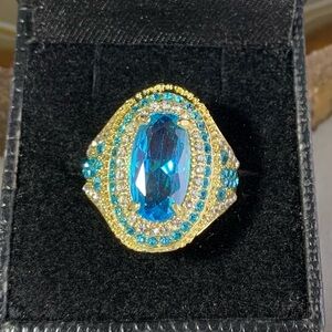 GOLD PLATED BLUE AND CZ RING SIZE 8.25
